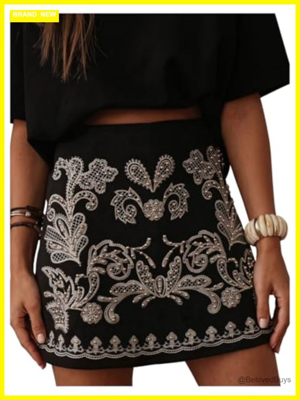 Embroidered Beaded A-Line Mini Skirt High-Rise Western Boho Summer